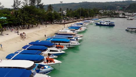 Aerial-closely-flying-over-speed-boats-in-Phuket,-Phi-Phi-Islands,-Thailand