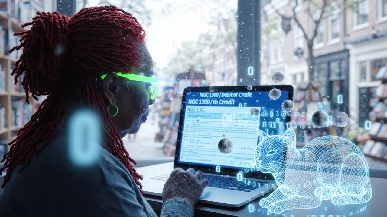Woman Utilizing Virtual Assistant Technology, Engaging with Digital Pet Simulation While Accessing Financial Information on Laptop in Cozy Library Environment