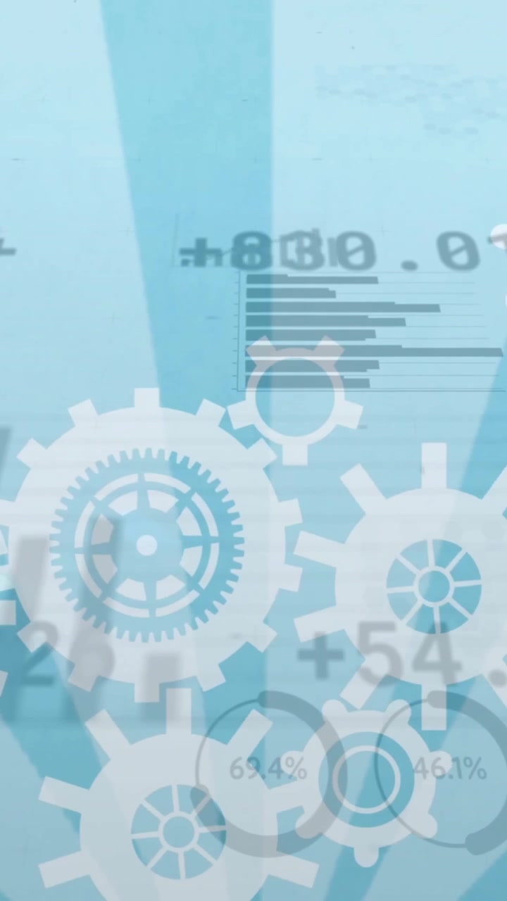 Animation of cogs and data processing over stripes on blue background