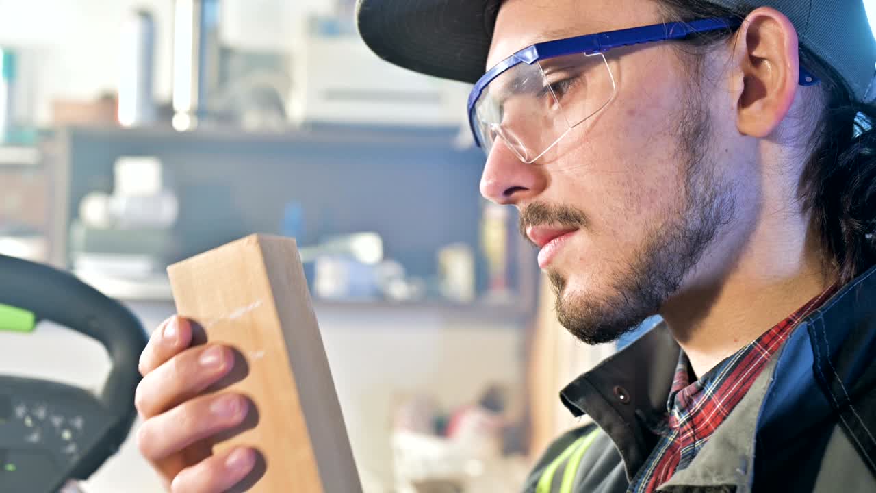 Concentrated young bearded joiner in goggles and a cap checks the work piece