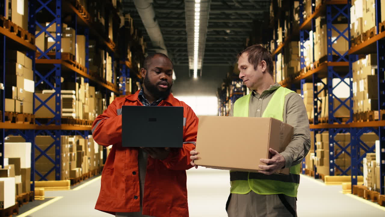 Coworkers arranging cardboard boxes on shelves and doing inventory on laptop