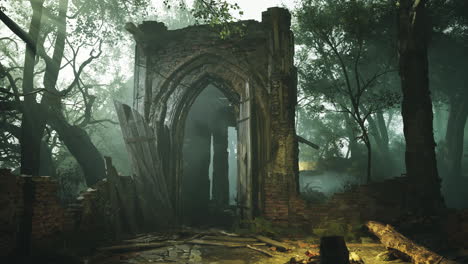 a stone archway in the ruins of an ancient building, surrounded by a dense forest. the fog and sunlight create an eerie atmosphere.