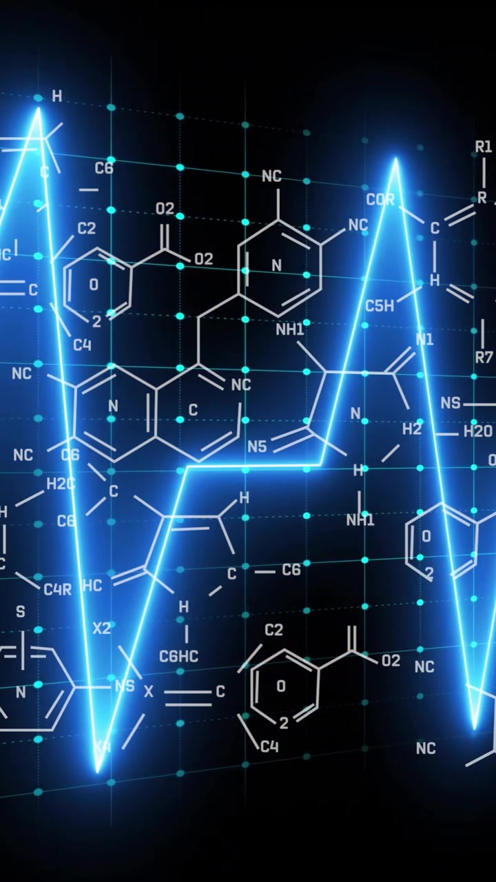 Animation of glowing heartbeat line with chemical structures in background