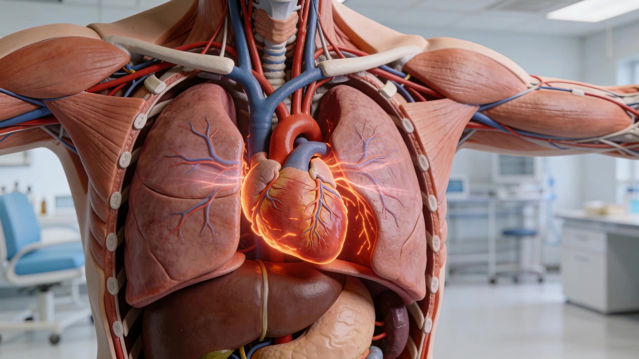 Modello di torso che si accende con un impulso iniziale mostrando un cuore pulsante luminoso in una dimostrazione di laboratorio di anatomia, vasi coronarici.