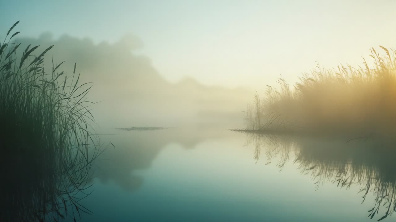 Sun rising warming misty marsh channel and lifting fog, revealing tall reed stalks