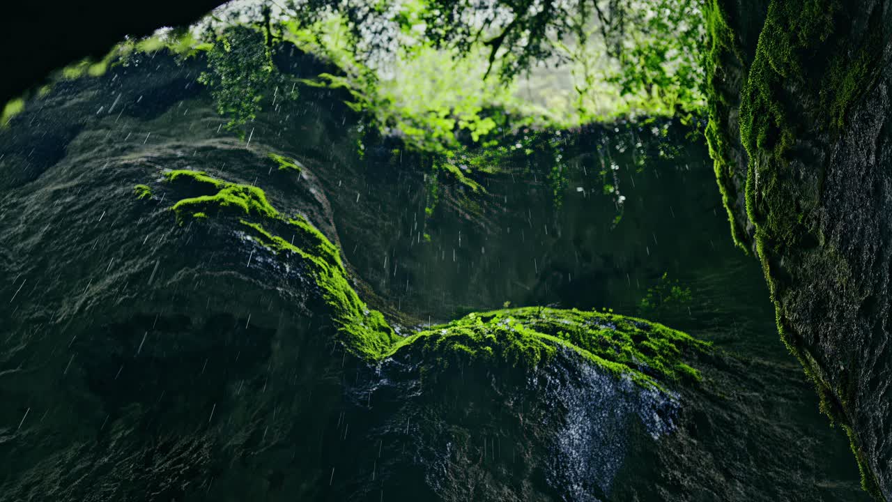 바위 어리 아래에서 포착된 조용한 순간, 부드러운 비가 모스로 인 표면을 흘러내리고