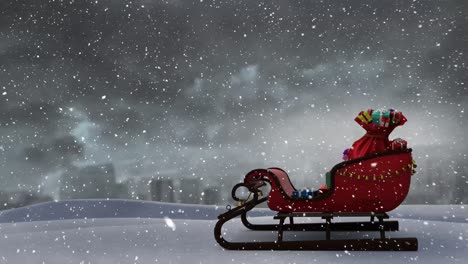 snow falling and sleigh with presents