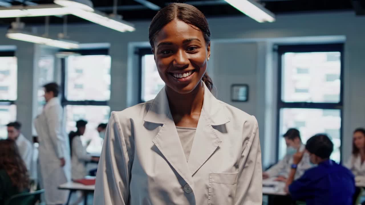 Video a inquadratura media di una persona sorridente in camice da laboratorio in un'aula.