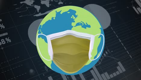 Animation-of-globe-with-face-mask-over-data-processing