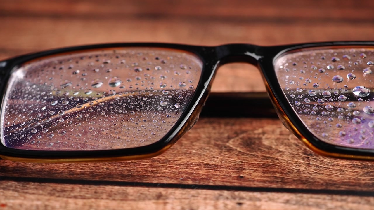 Close-up of Eyeglasses Lenses Covered in Water Droplets on Wood