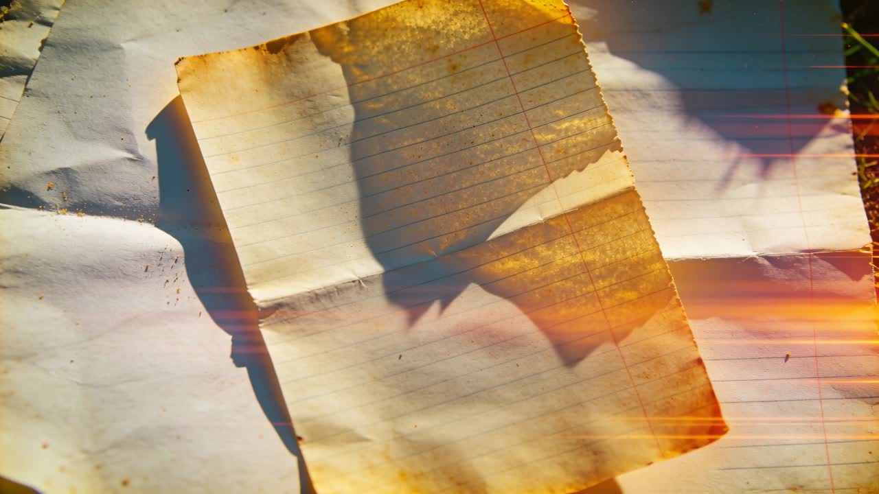 Aged paper showing lined page on grass, sun shifting leaf shadow and sweeping flare for education