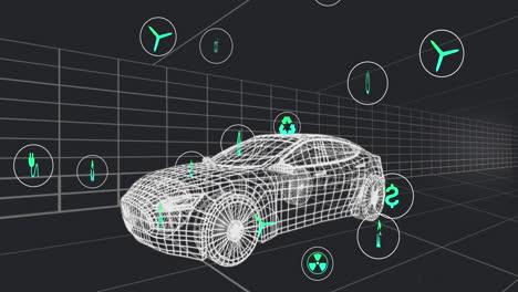 animación de iconos que procesan datos de estado sobre un modelo de coche 3d que se mueve sobre un fondo negro