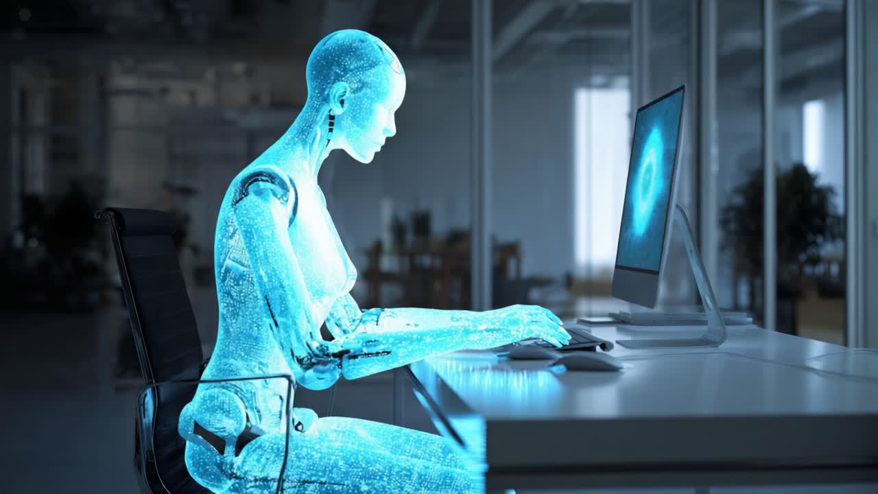 A Futuristic Cybernetic Figure Engaged in Digital Interaction: Exploring the Intersection of Technology and Humanity in a Virtual Workspace