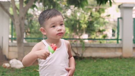 Video-En-Cámara-Lenta-De-Un-Lindo-Niño-Asiático-Comiendo-Un-Helado-De-Paleta-De-Sandía-Y-Diciendo-No-A-Compartirlo-En-Un-Día-De-Verano-Muy-Caluroso-En-El-Patio