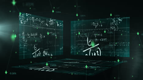 Animation-Von-Mathematischen-Formeln-Und-Grünen-Pfeilen,-Die-über-Dem-Hintergrund-Von-Drei-Brettern-Schweben