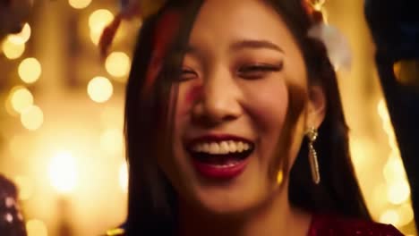 a joyous celebration captured in two frames: witness the radiant smile and revelry of a festive moment illuminated by sparkling lights