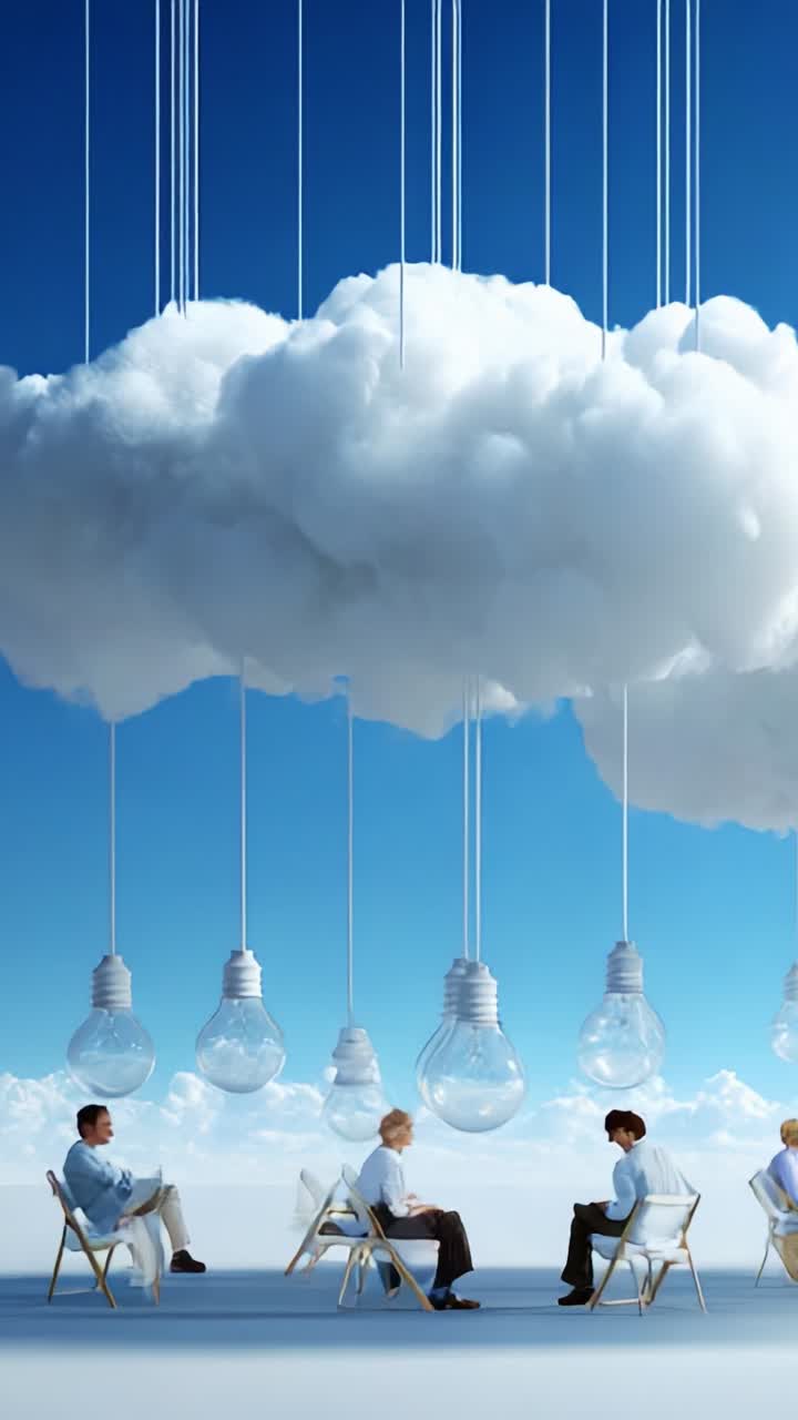 A surreal atmosphere showcasing individuals in contemplation under a hanging cloud and light bulbs, representing creativity, ideas, and communication in a dreamlike setting