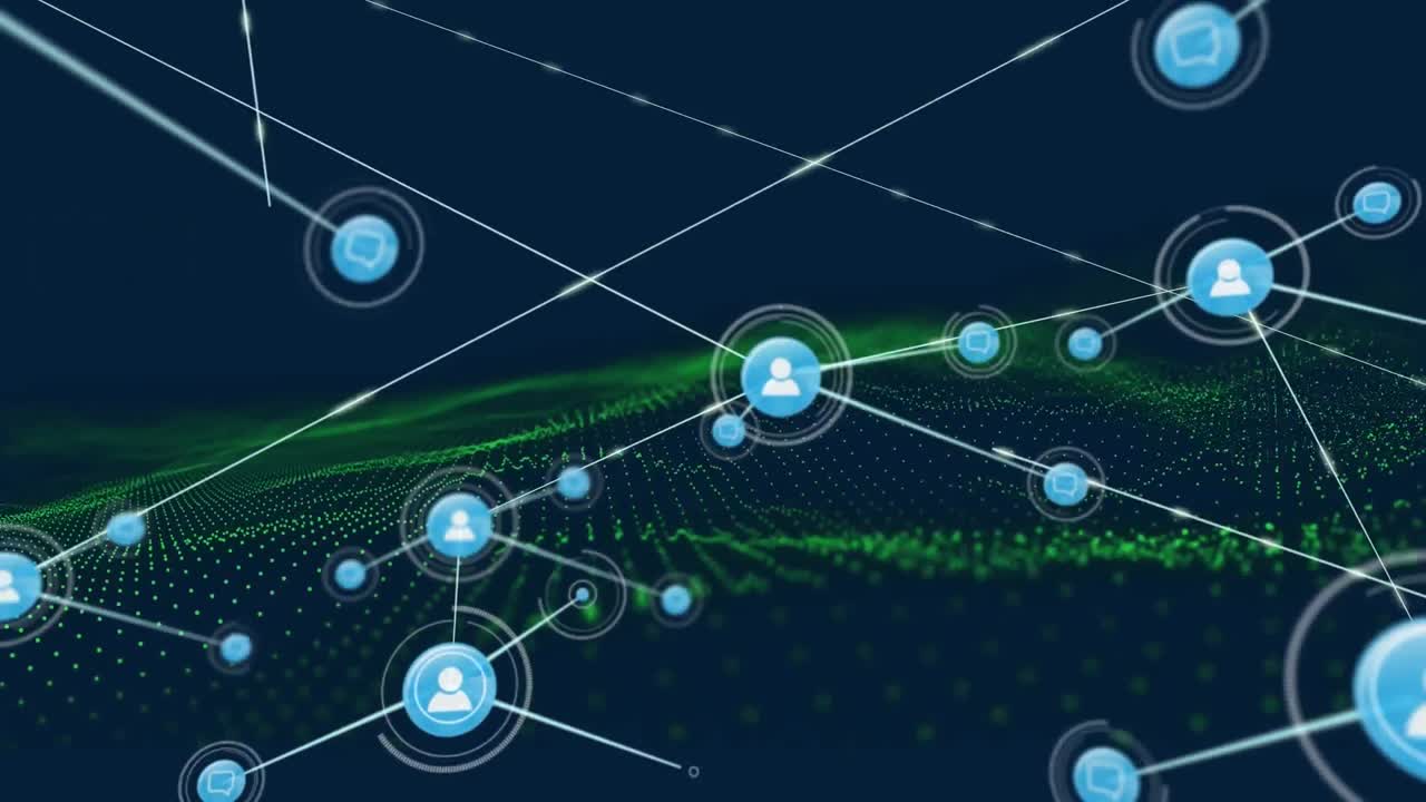 Animation of network of connections with people icons over glowing mesh