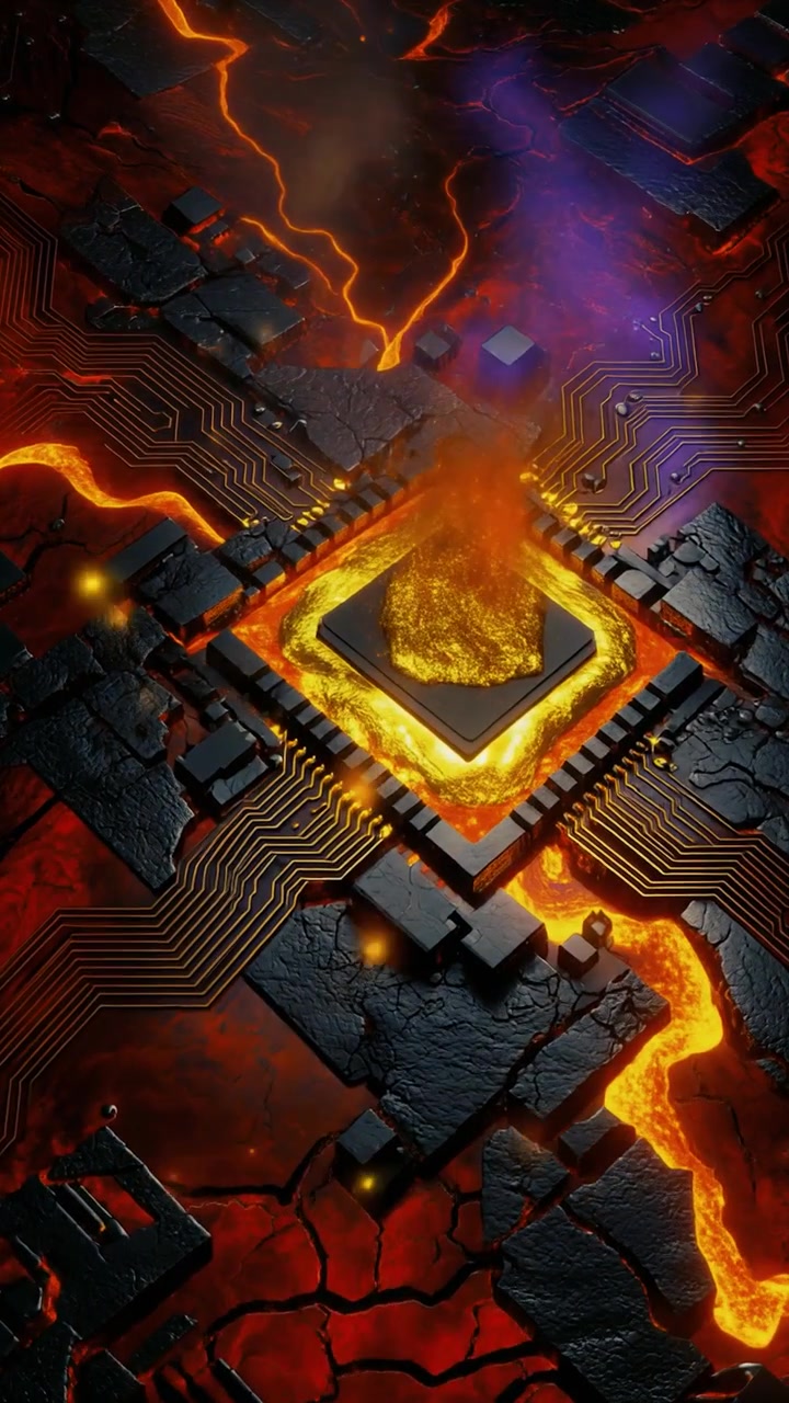 Abstrakt 3D-animation af en glødende CPU-processor, der overophedes med lavaeffekter
