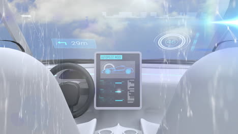 animación del procesamiento de datos en el tablero de instrumentos de un coche de conducción autónoma