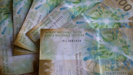 un primer plano de dinero suizo, doscientos francos suizos, billetes en detalle.