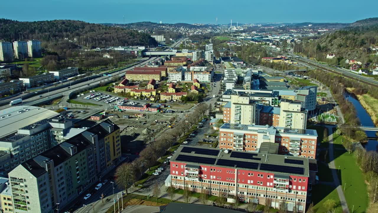 Aerial view of Partille's modern mixed-use development in Sweden