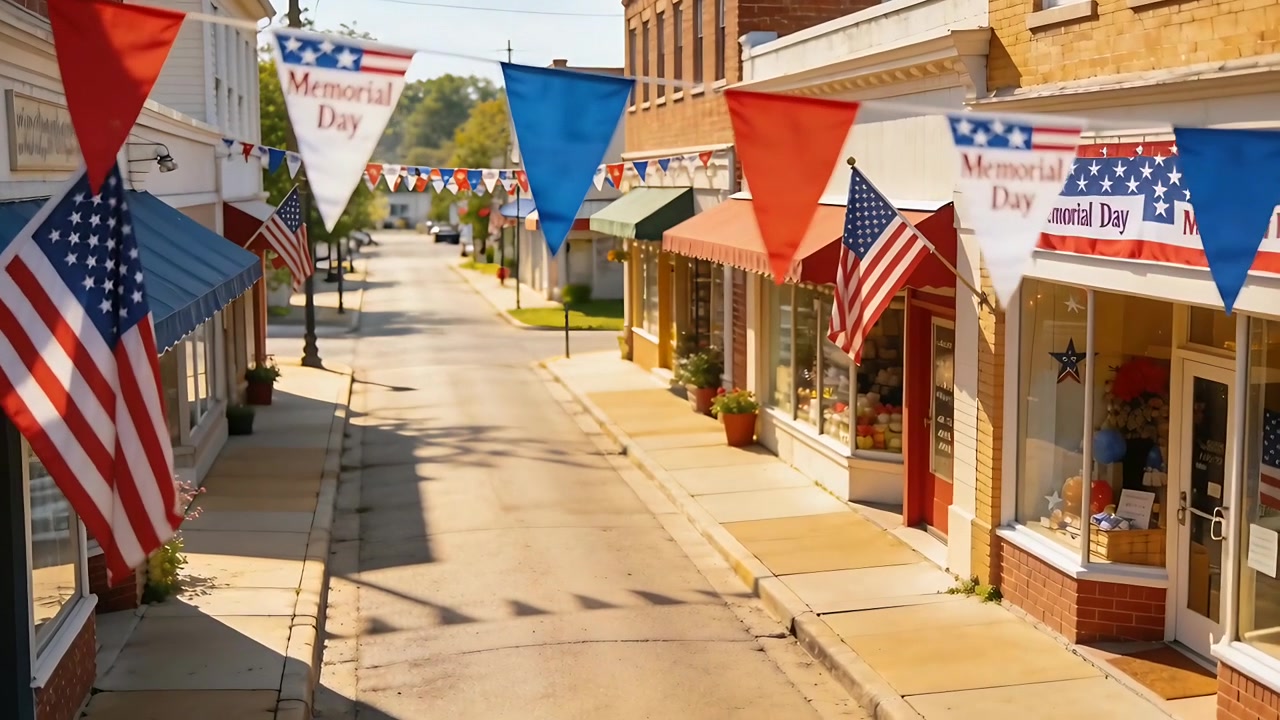 Crew pushing dolly revealing decorated main street, showing US flags and pennants, Memorial Day