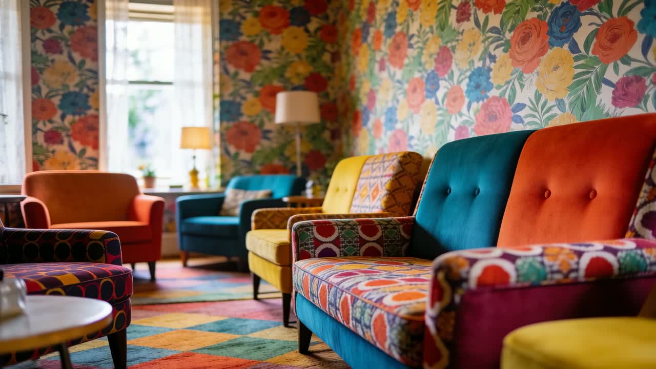 Caméra ajustant la mise au point sur un canapé aux couleurs vives dans le salon avant droit, avec la lumière du jour changeante et une théière.