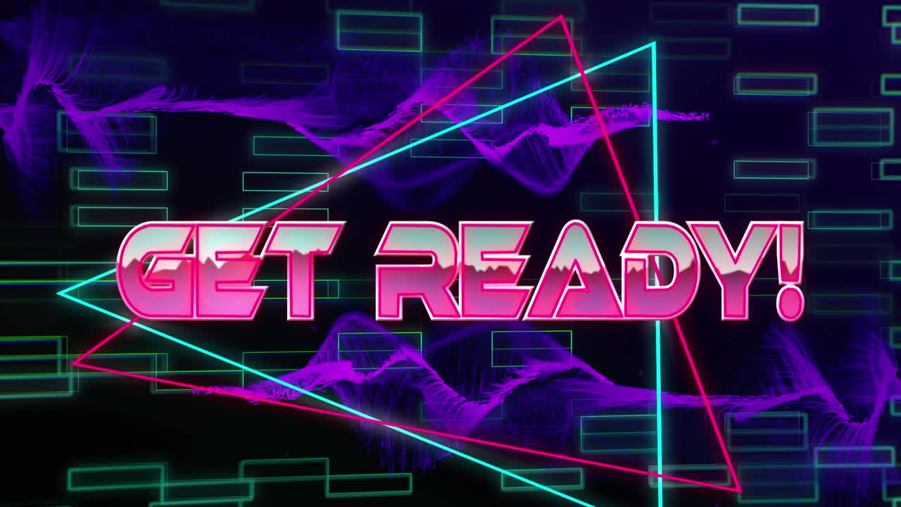 animación de banner de texto listo y ondas digitales púrpuras sobre formas de neón en un patrón sin costuras.