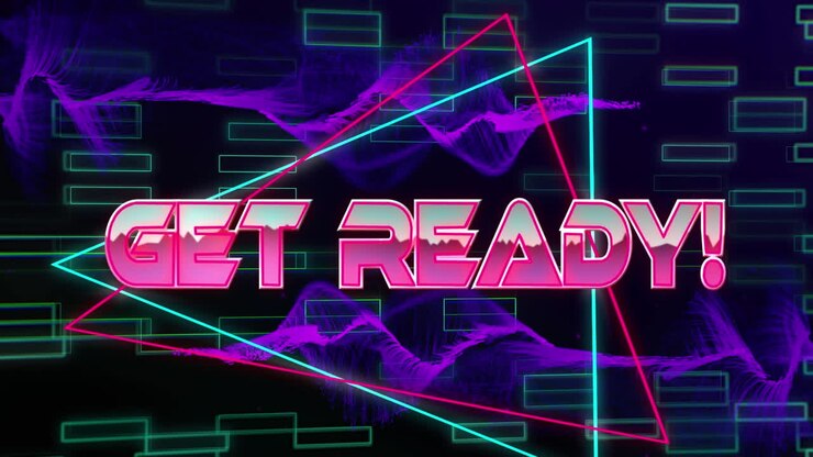 Animazione di un banner di testo "Preparati" e onde digitali viola su forme neon in un motivo senza interruzioni.