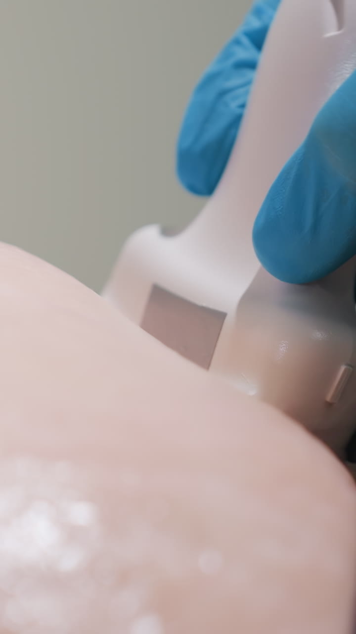 파란색 장갑을 낀 초음파 기사가 젤을 바른 하복부 위로 복부 초음파 탐촉자를 움직이며 부드러운 조명과 차분한 분위기 속에서 부드러운 태아 검사를 진행하고, 탐촉자 표면과 반짝임이 클로즈업됩니다.