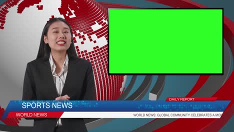 live news studio with asian professional female anchor and green screen television reporting on the events of the day