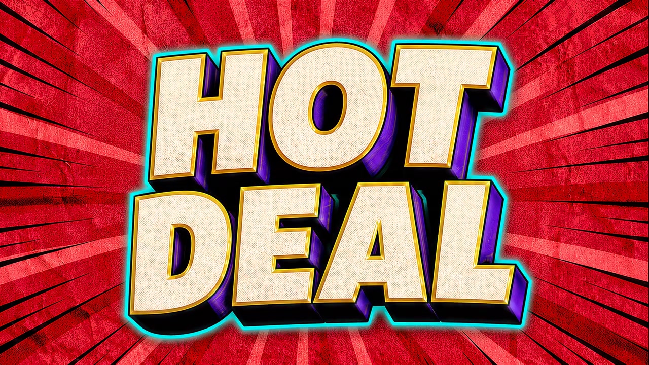 Animierte Hot Deal Textgrafik auf rotem Sonnenstrahlen-Hintergrund