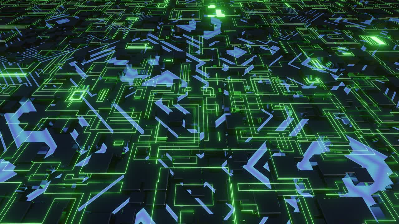 animación en bucle 4k. objetos 3d forman composición de ciencia ficción en la superficie patrón 3d. patrón de alta tecnología en la superficie plana, brillo de neón, elementos complejos y estructura tecnología de la información, hardware futurista