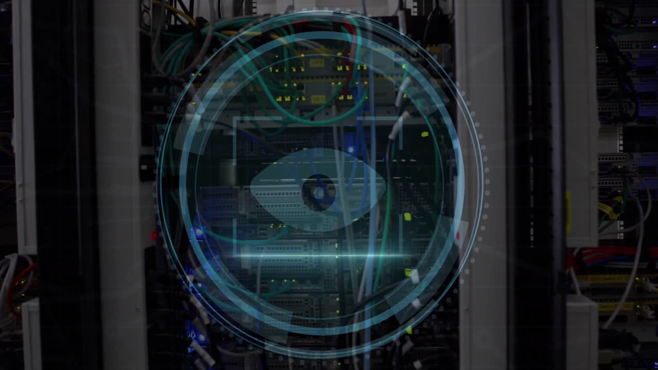 Animation of cyber security and eye scanning in circle over servers