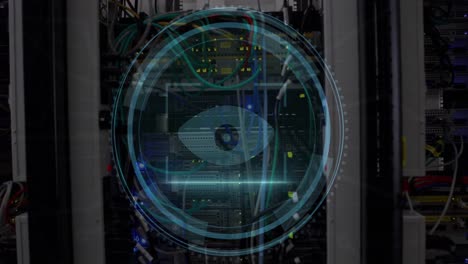 Animation-of-cyber-security-and-eye-scanning-in-circle-over-servers