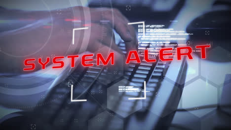 animation of system alert text over woman working in office