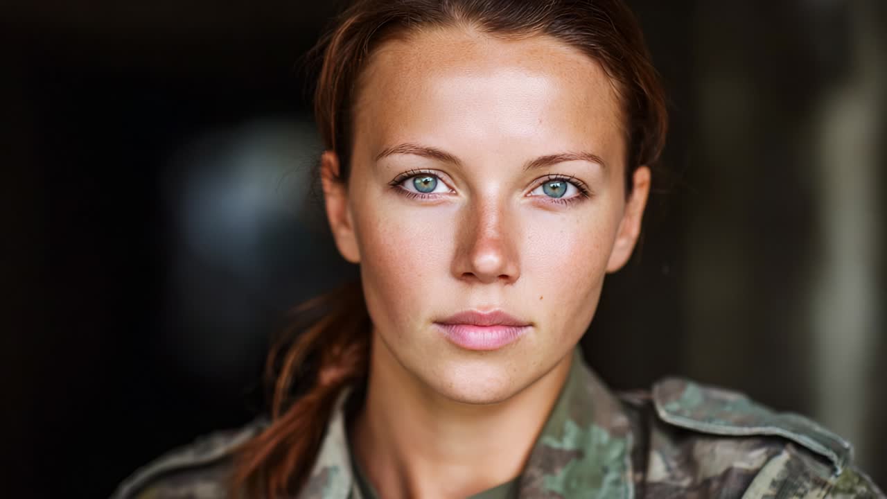 A Strong Portrait of a Young Female Soldier with Stunning Green Eyes, Capturing the Essence of Resilience and Commitment in a Military Uniform, Showcasing Strength and Determination in a Gritty Atmosphere