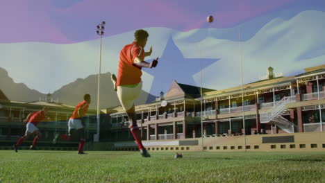 animation of flag of ghana over diverse male rugby players