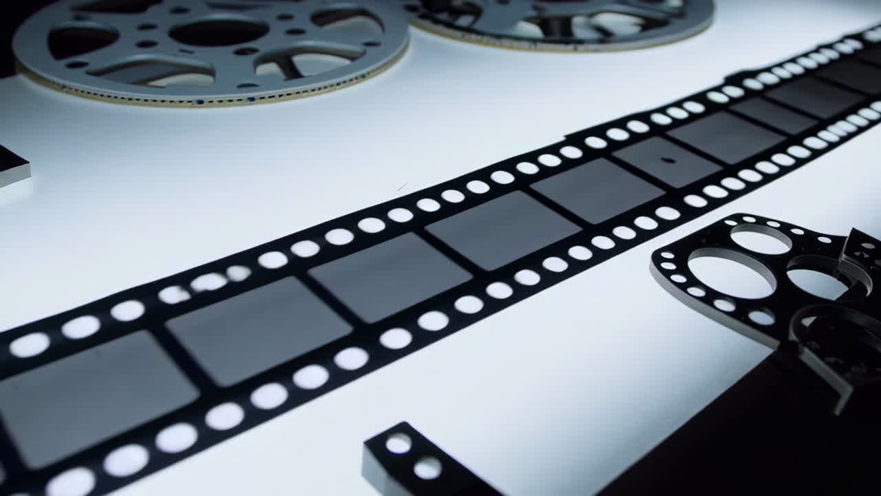 Film Reels and Filmstrip on a Light Table
