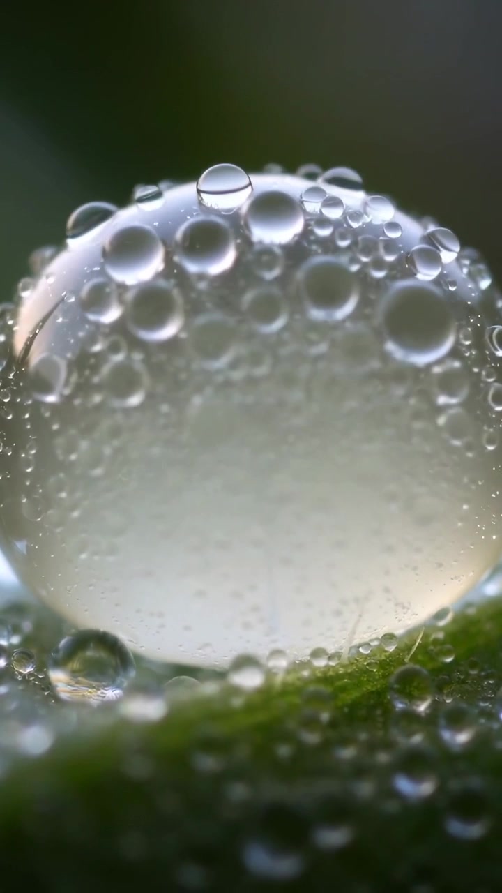 Vidéo verticale: Rosée se condensant formant des perles sur une gouttelette claire reposant sur les poils d'une feuille avec bokeh