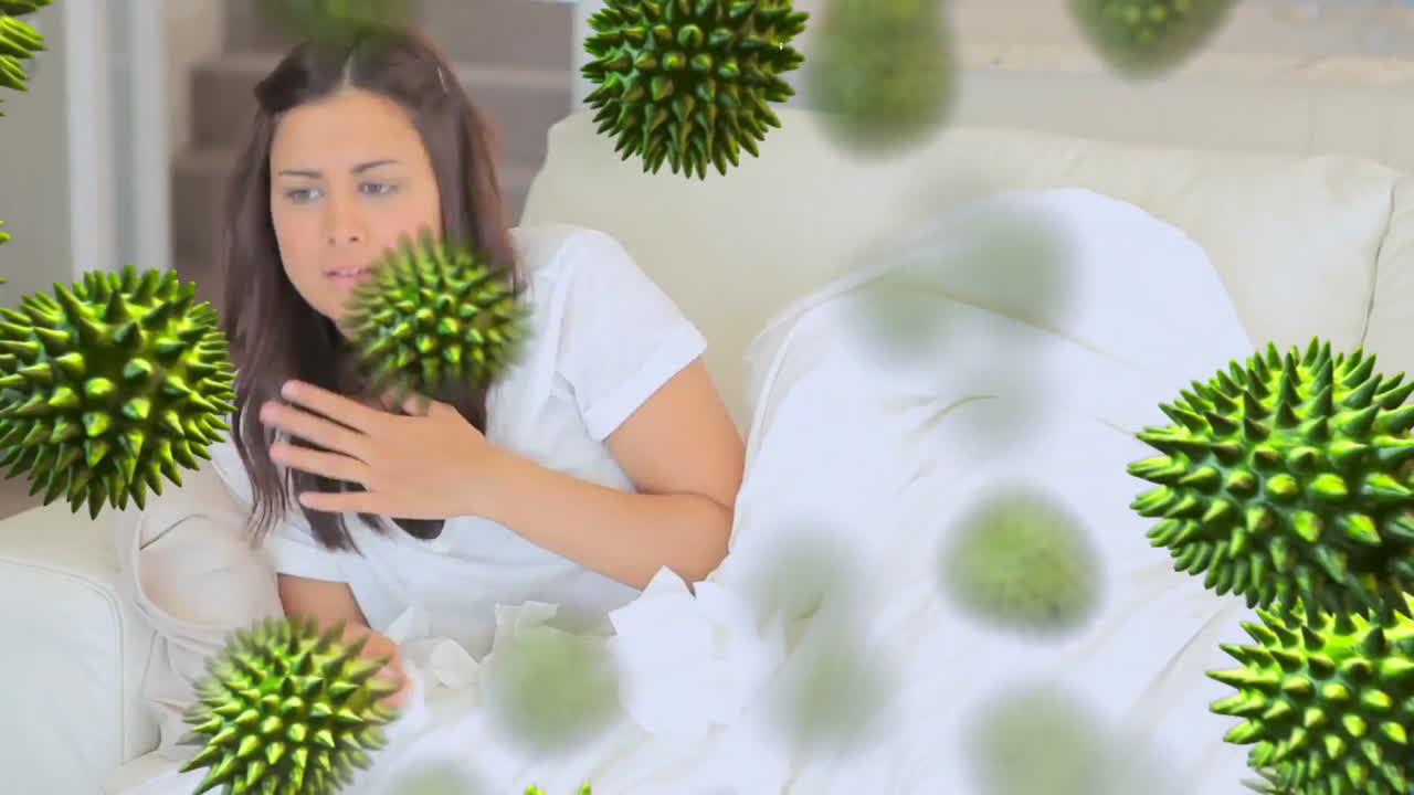 virus verdes y mujer enferma