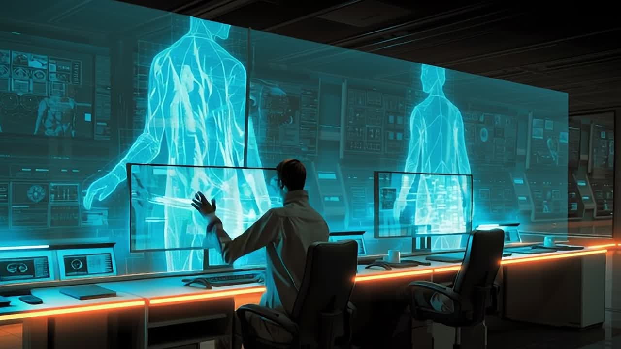 Futuristic control room with holograms in a tech setting