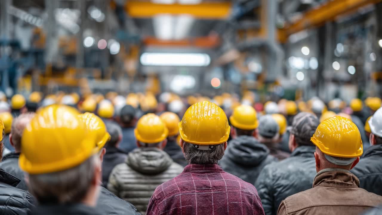 A Group of Workers in Yellow Hard Hats Stands Together in a Large Industrial Facility, Focusing on Safety and Collaboration for a Productive Environment