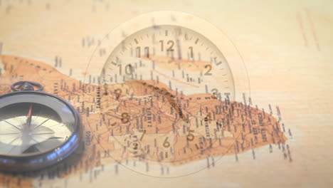 animation of clock with fast moving over compass on moving world map