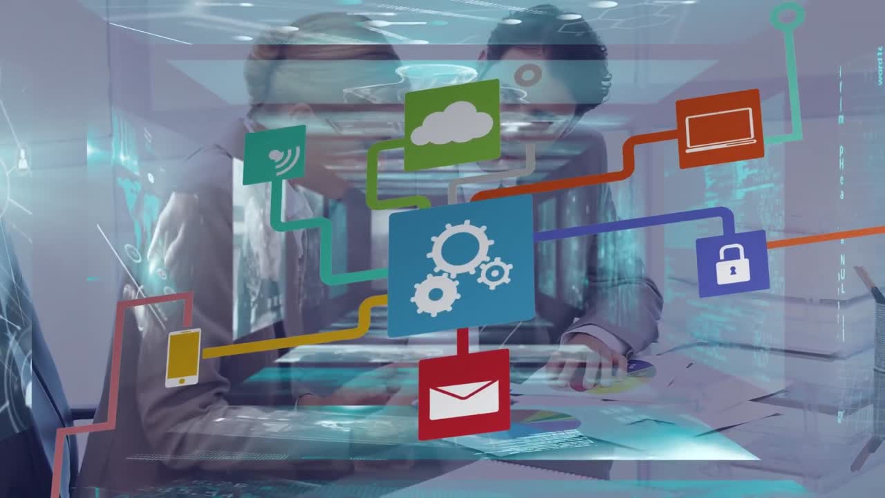 다양한 비즈니스 사람들 사이의 아이콘과 데이터 처리를 가진 연결 네트워크의 애니메이션