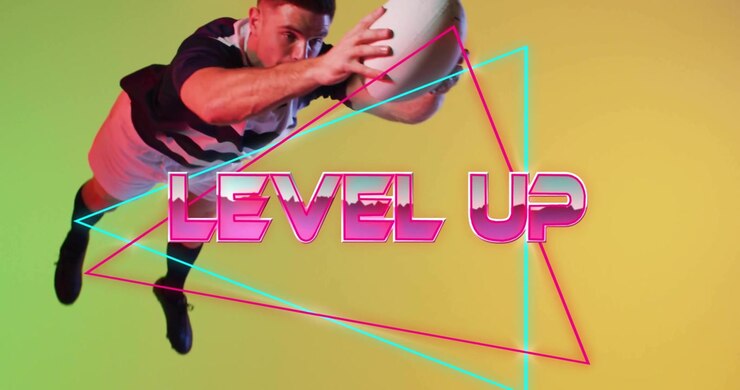Animation of level up text with shapes over caucasian male rugby player jumping