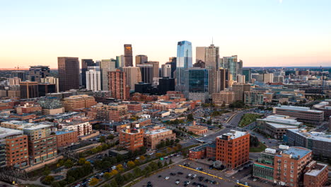 Aerial-Timelapse-in-Denver,-Colorado-at-Sunset