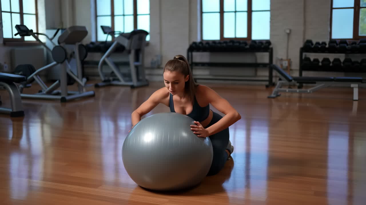Woman exercising with exercise ball in gym