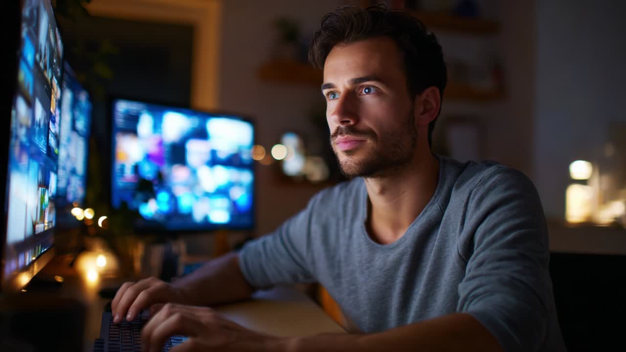 A focused individual immersed in a digital workspace, engaged in intense productivity during nighttime, illuminated by the glow of multiple monitors displaying vibrant screens of data and creativity
